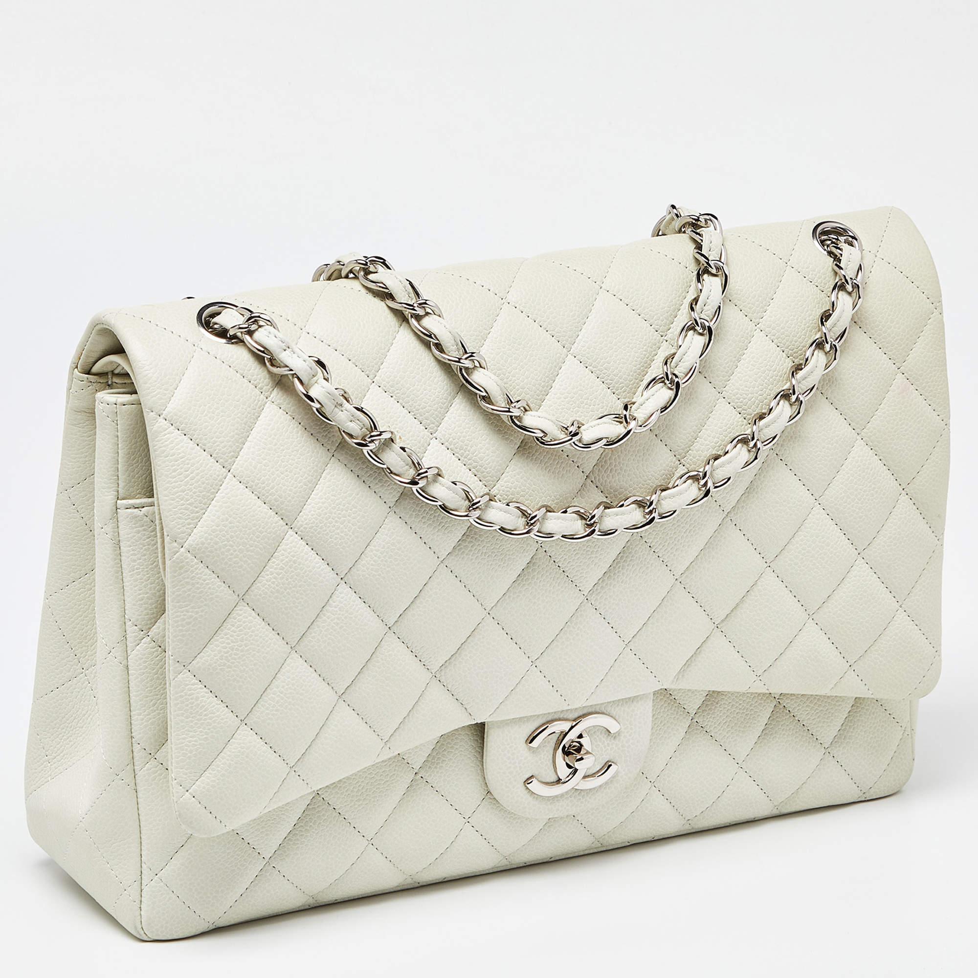 Chanel Off White Quilted Caviar Leather Maxi Classic Double Flap Bag 5