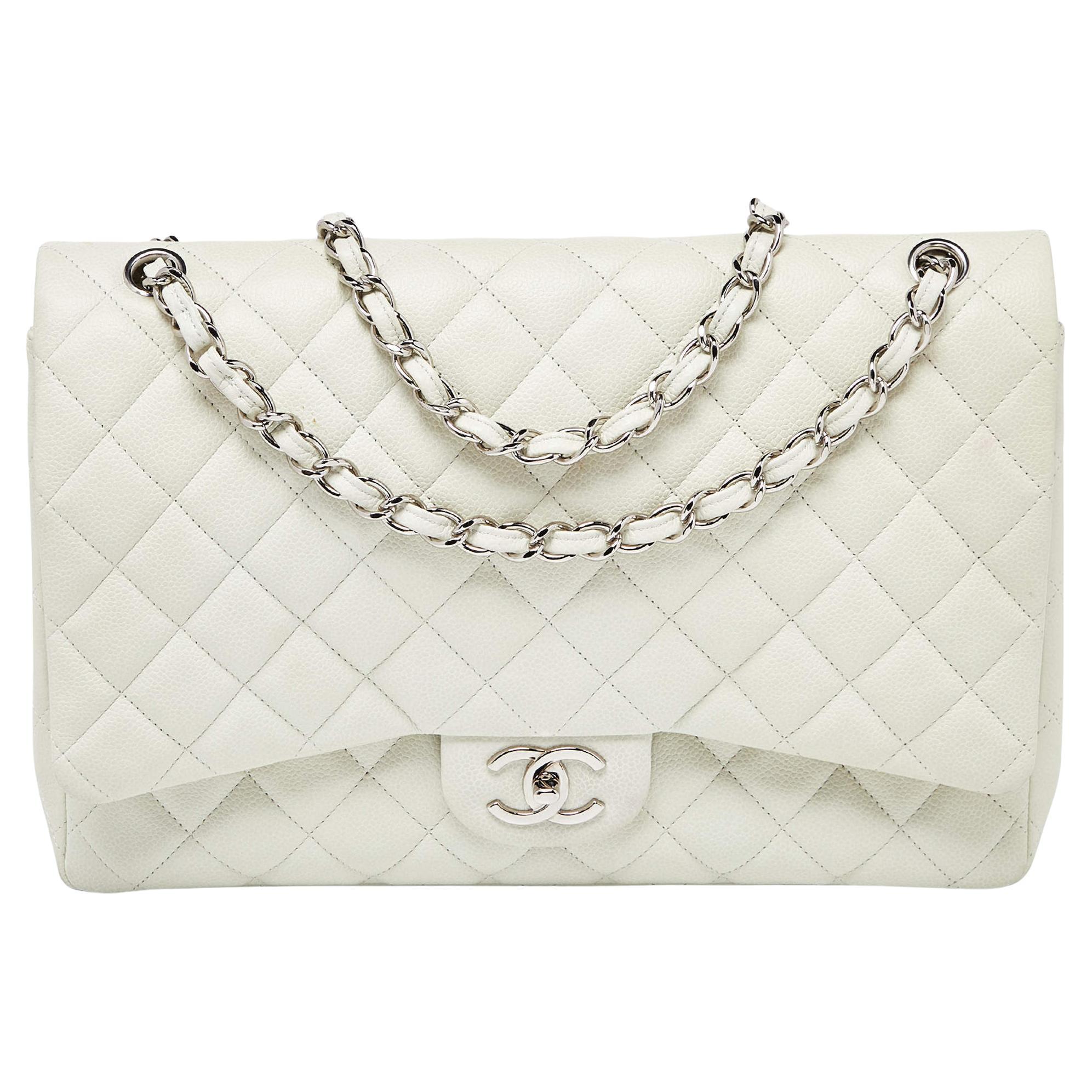 Chanel Off White Quilted Caviar Leather Maxi Classic Double Flap Bag For Sale