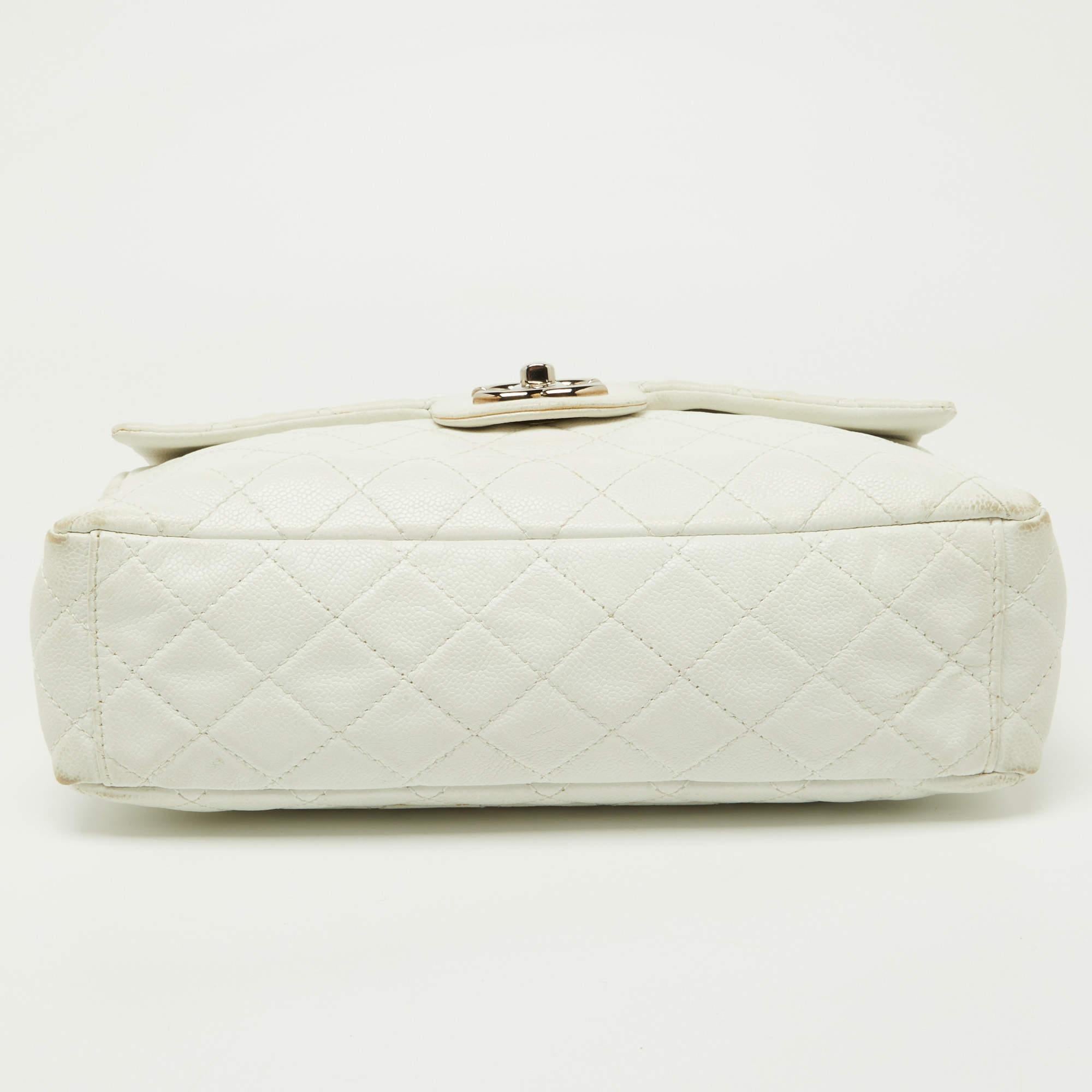 Chanel Off White Quilted Caviar Leather Maxi Classic Single Flap Bag For Sale 1