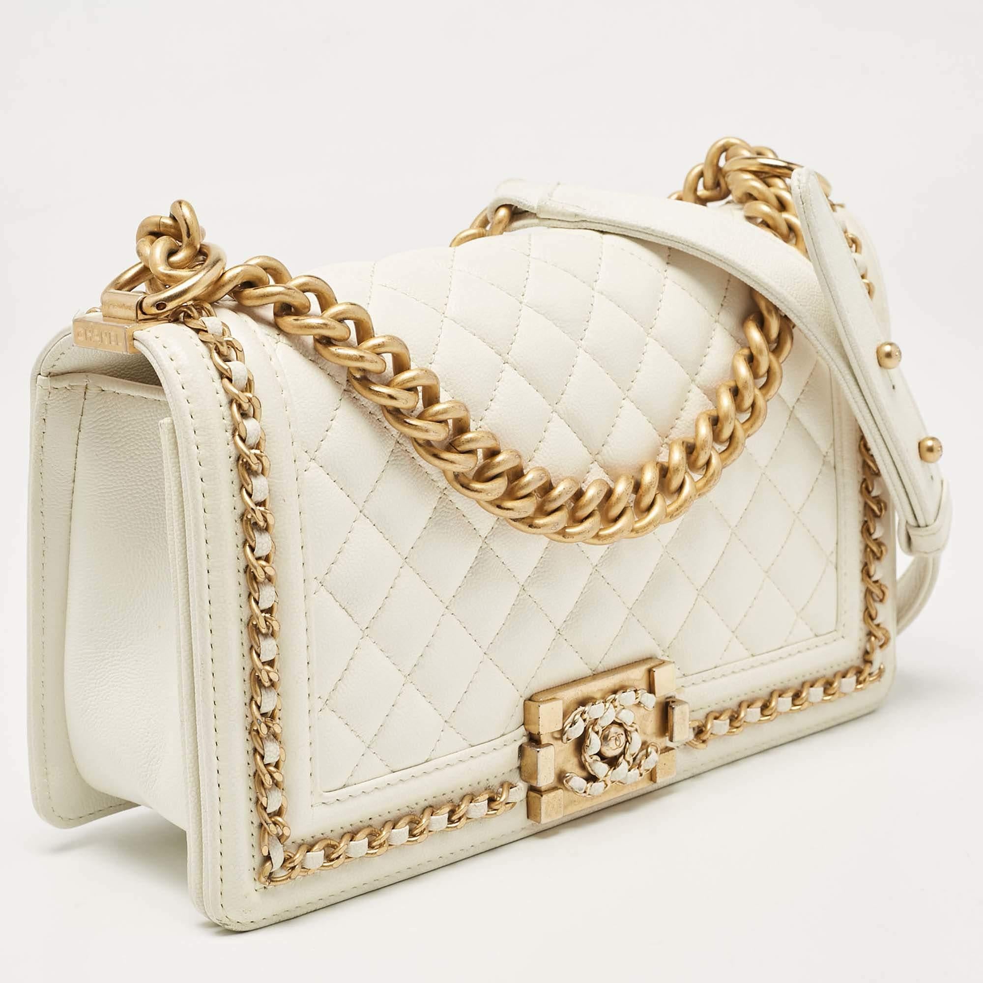 Chanel Off White Quilted Caviar Leather Medium Chain Around Boy Flap Bag In Good Condition In Dubai, Al Qouz 2