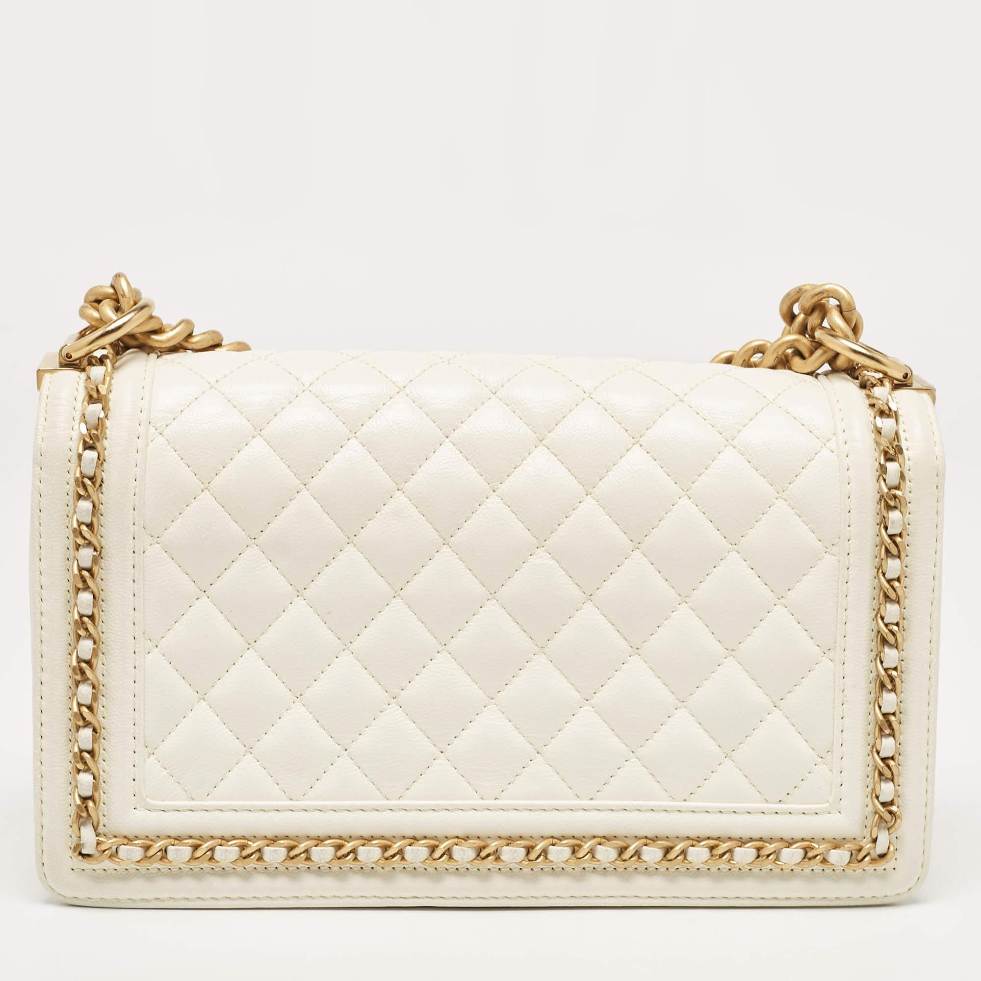 Women's Chanel Off White Quilted Caviar Leather Medium Chain Around Boy Flap Bag