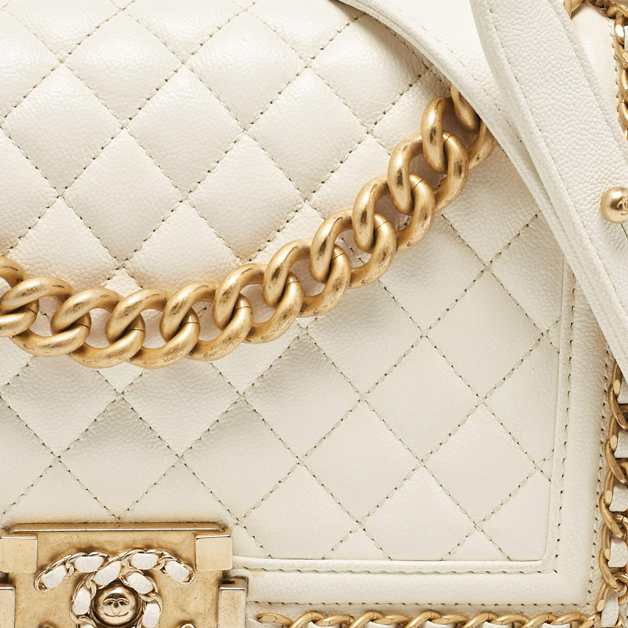 Chanel Off White Quilted Caviar Leather Medium Chain Around Boy Flap Bag 1