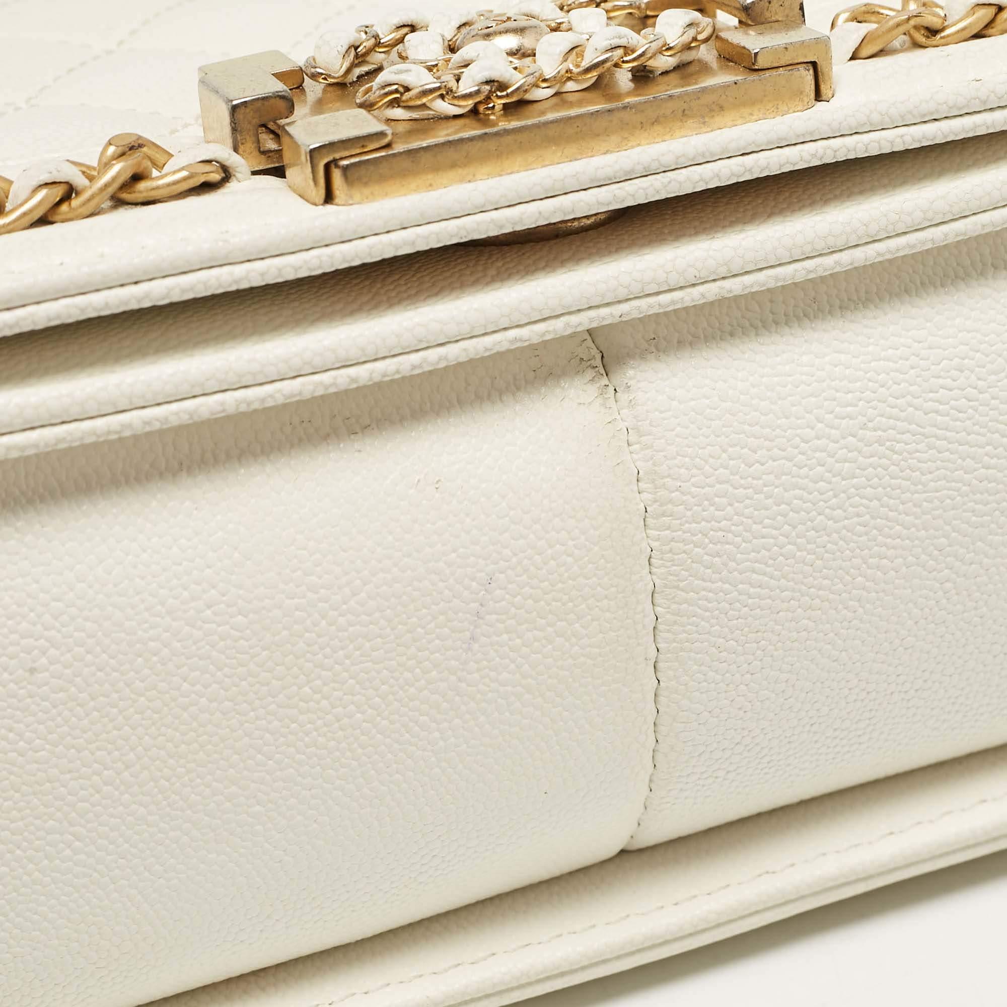 Chanel Off White Quilted Caviar Leather Medium Chain Around Boy Flap Bag 3