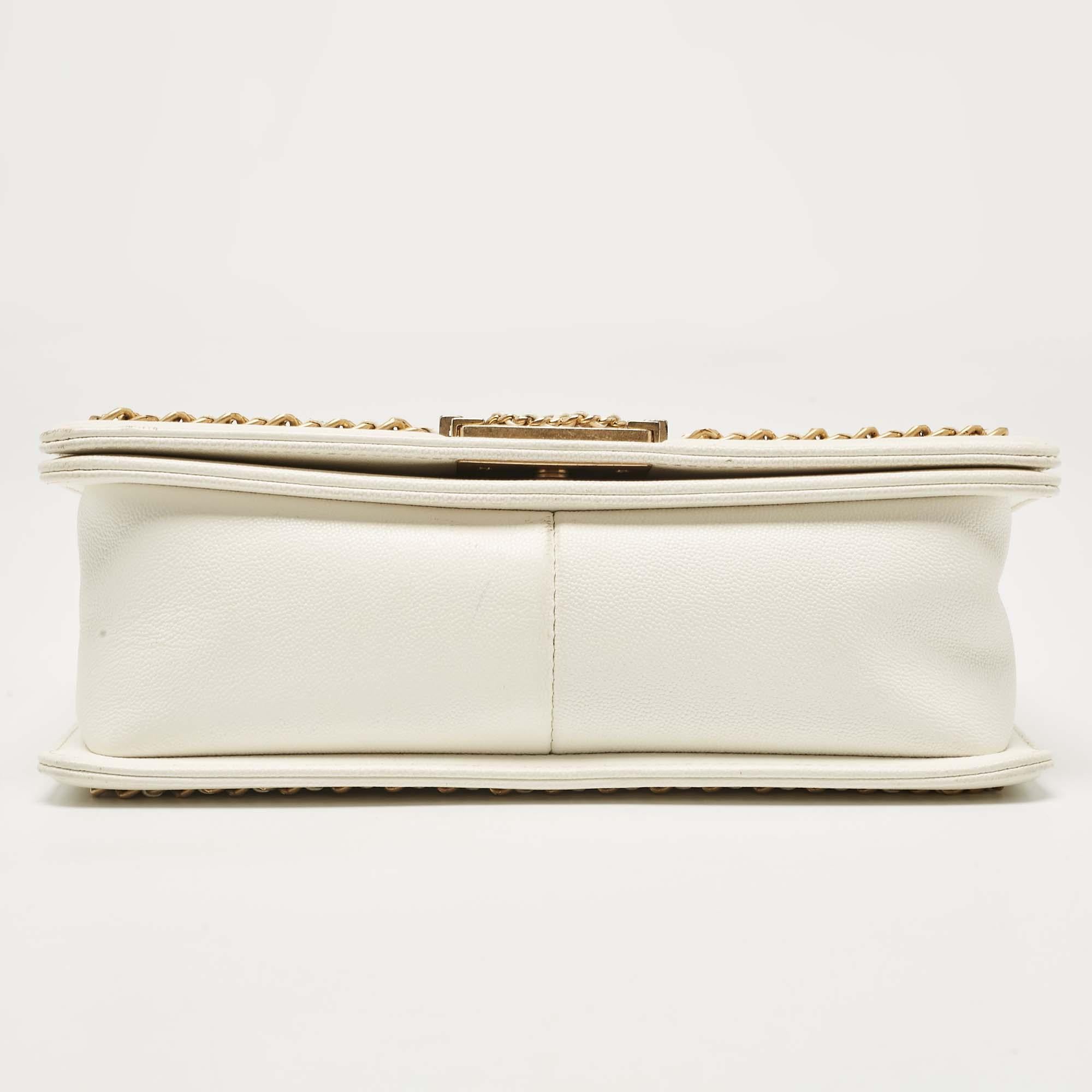 Chanel Off White Quilted Caviar Leather Medium Chain Around Boy Flap Bag 4