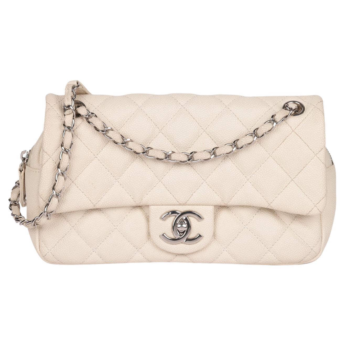 Chanel Off White Quilted Caviar Leather Medium Easy Carry Classic Flap Bag For Sale