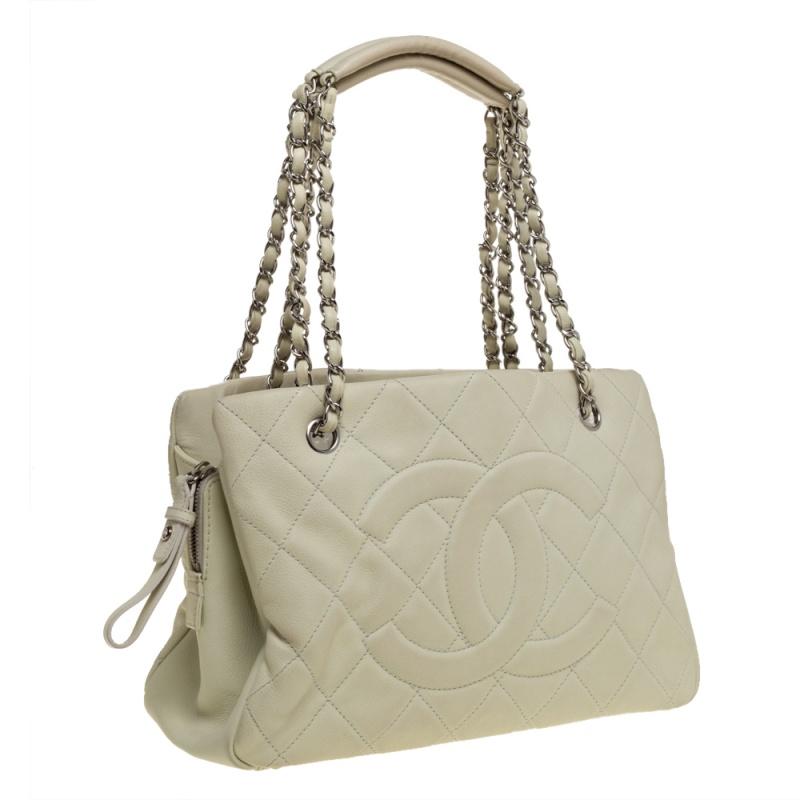 Brown Chanel Off White Quilted Caviar Leather Timeless Shopper Tote