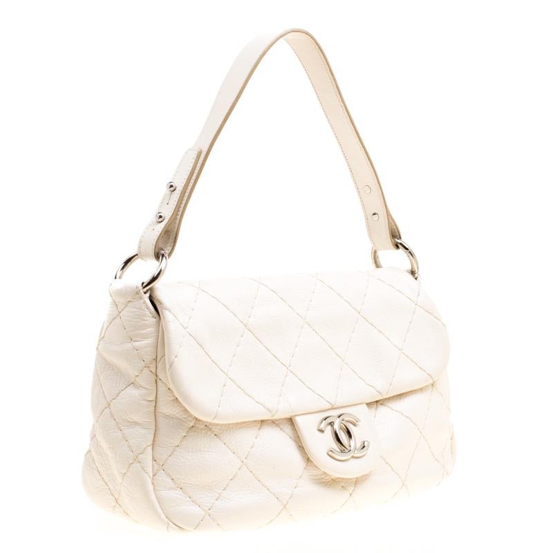 Women's Chanel Off White Quilted Leather Small On the Road Flap Bag
