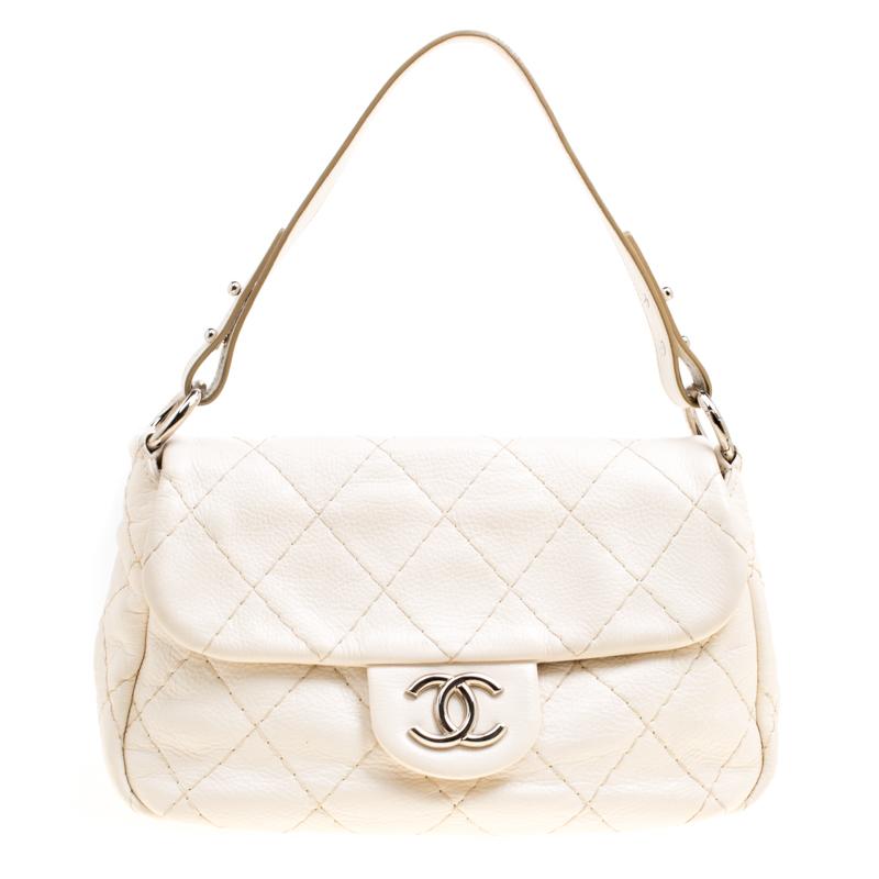 Chanel Off White Quilted Leather Small On the Road Flap Bag