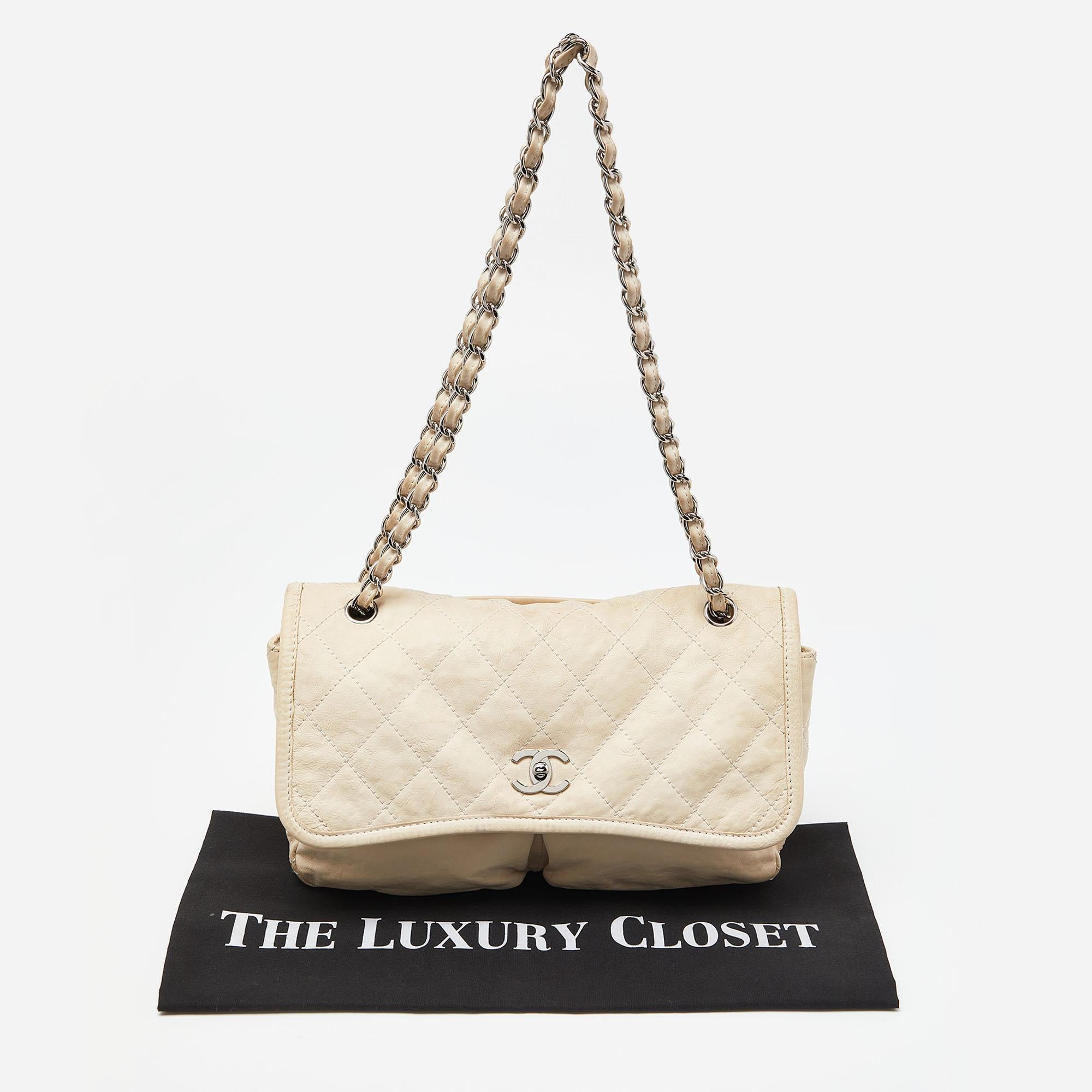 Chanel Off White Quilted Leather Split Pocket Flap Bag 9