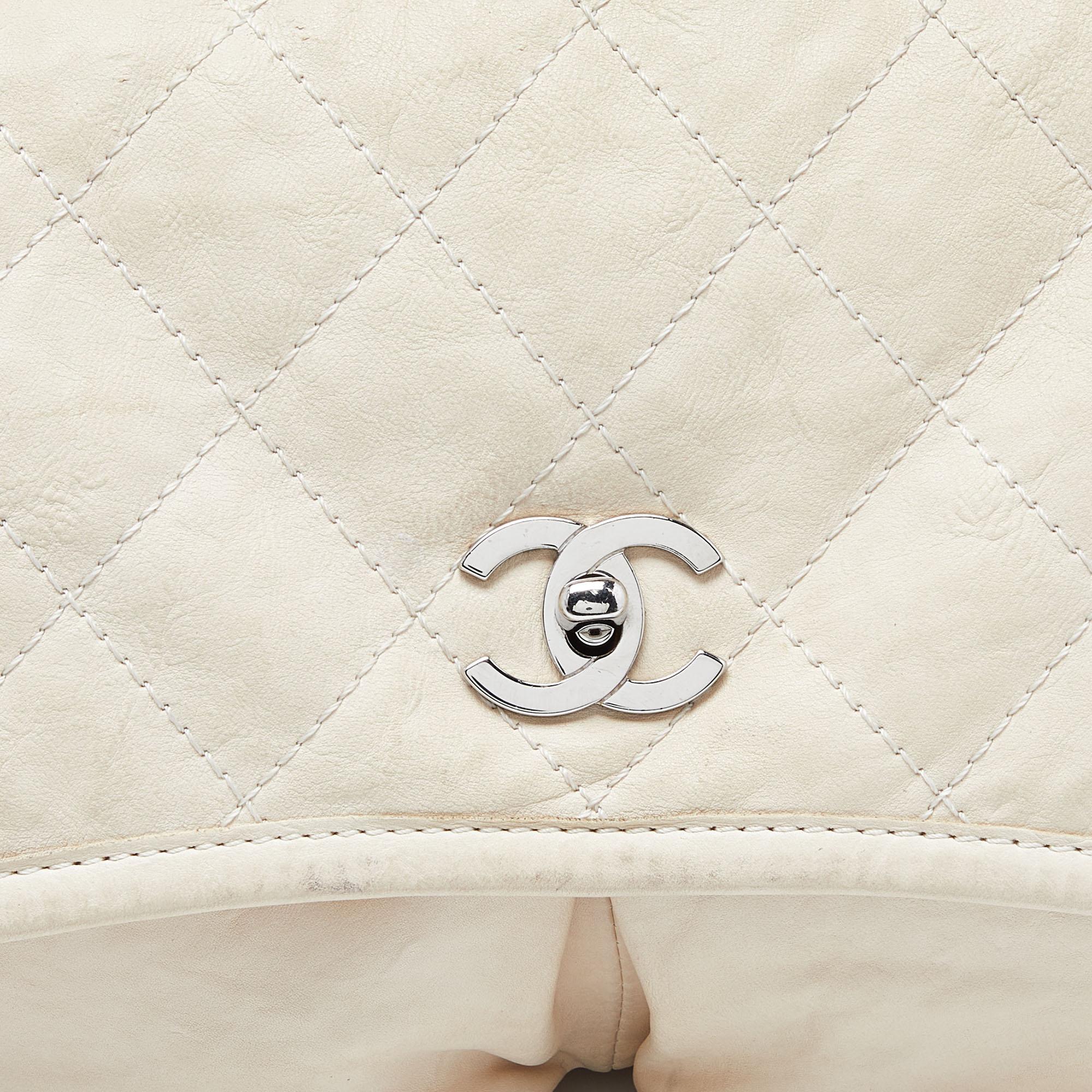 Chanel Off White Quilted Leather Split Pocket Flap Bag 1