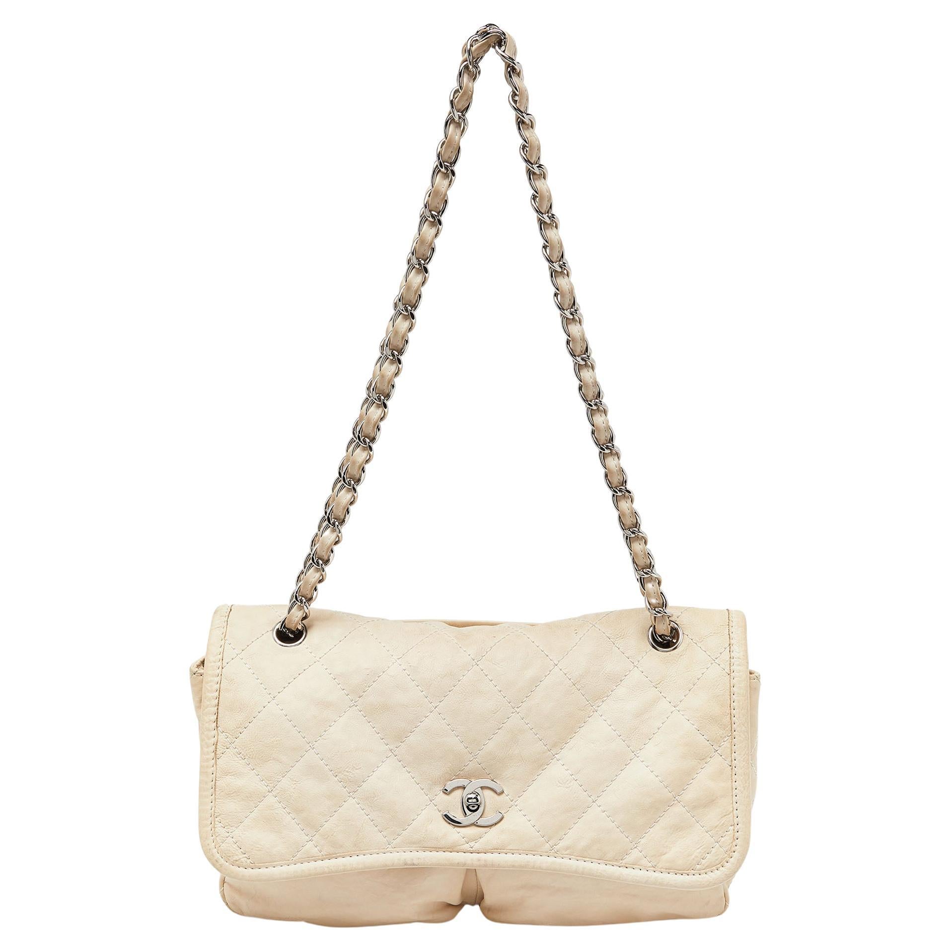 Chanel Off White Quilted Leather Split Pocket Flap Bag