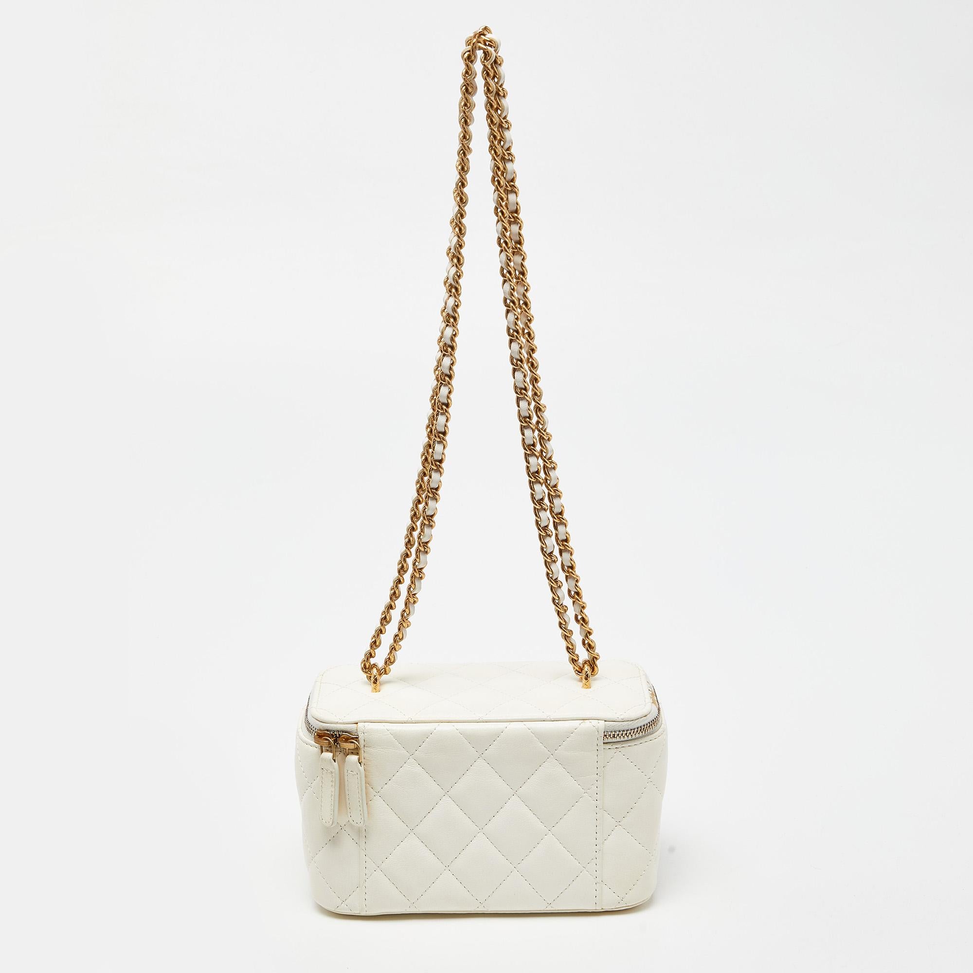 Women's Chanel Off White Quilted Leather Vanity Case Chain Bag