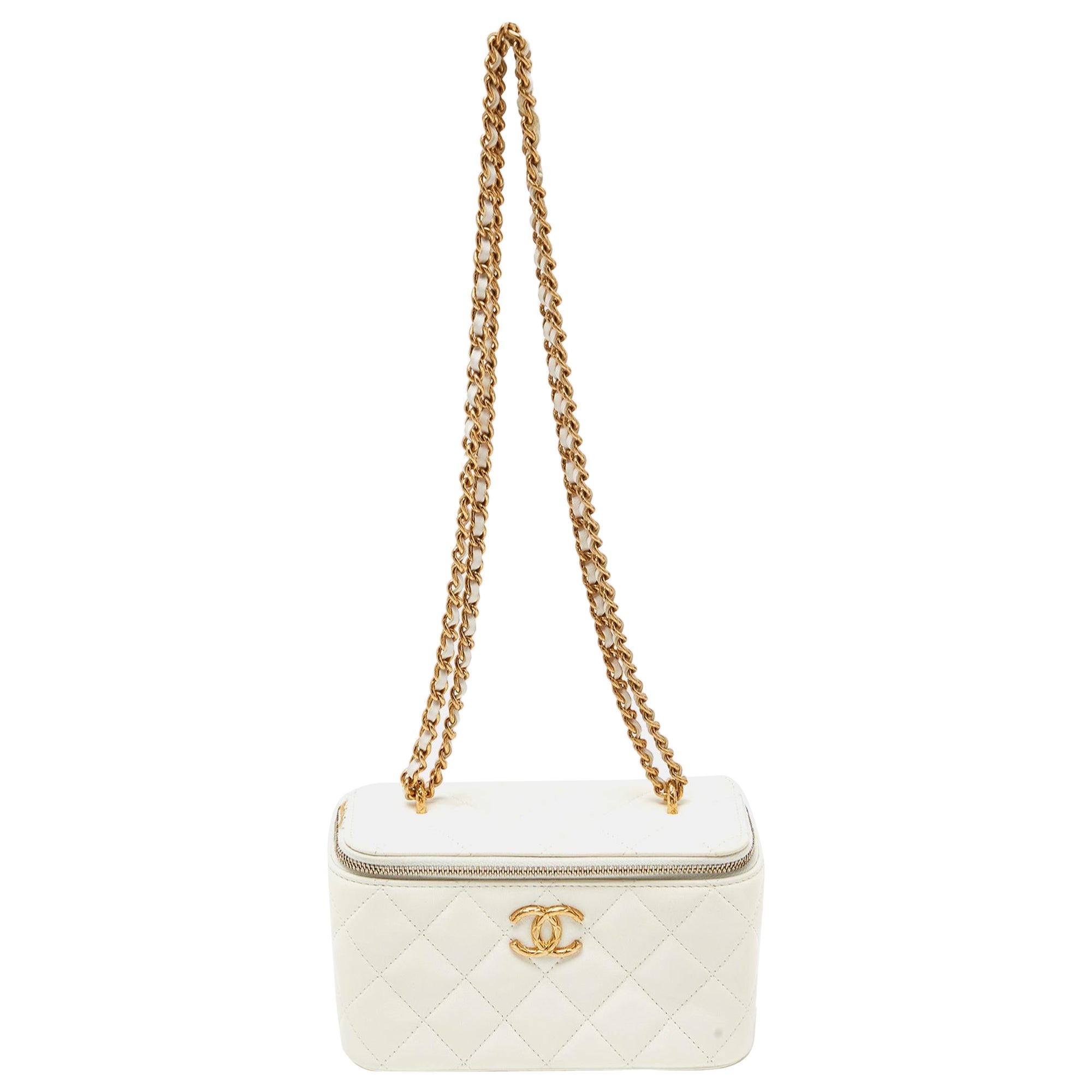 Chanel Off White Quilted Leather Vanity Case Chain Bag