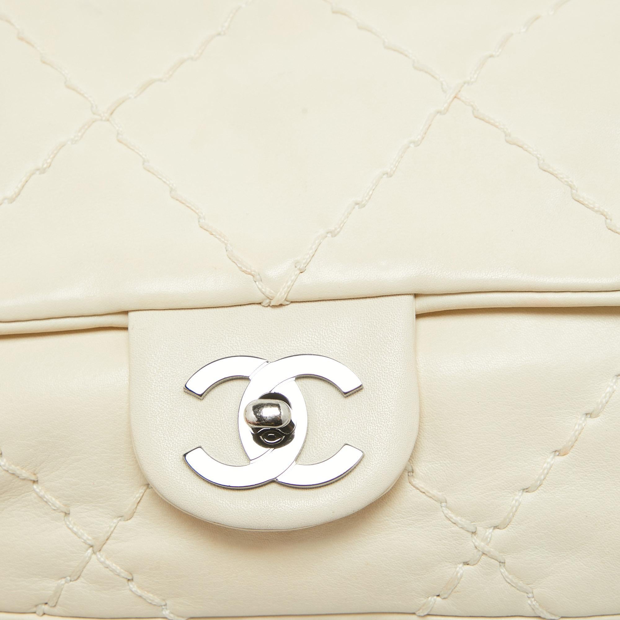 Chanel Off White Quilted Wild Stitched Leather Expandable Flap Bag For Sale 4