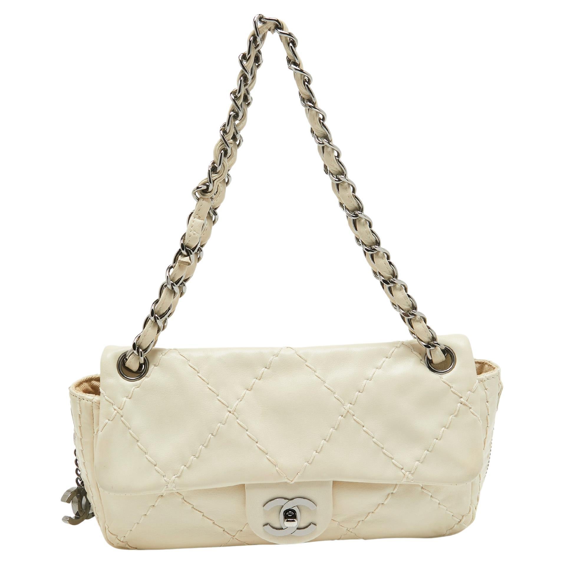 Chanel Off White Quilted Wild Stitched Leather Expandable Flap Bag For Sale