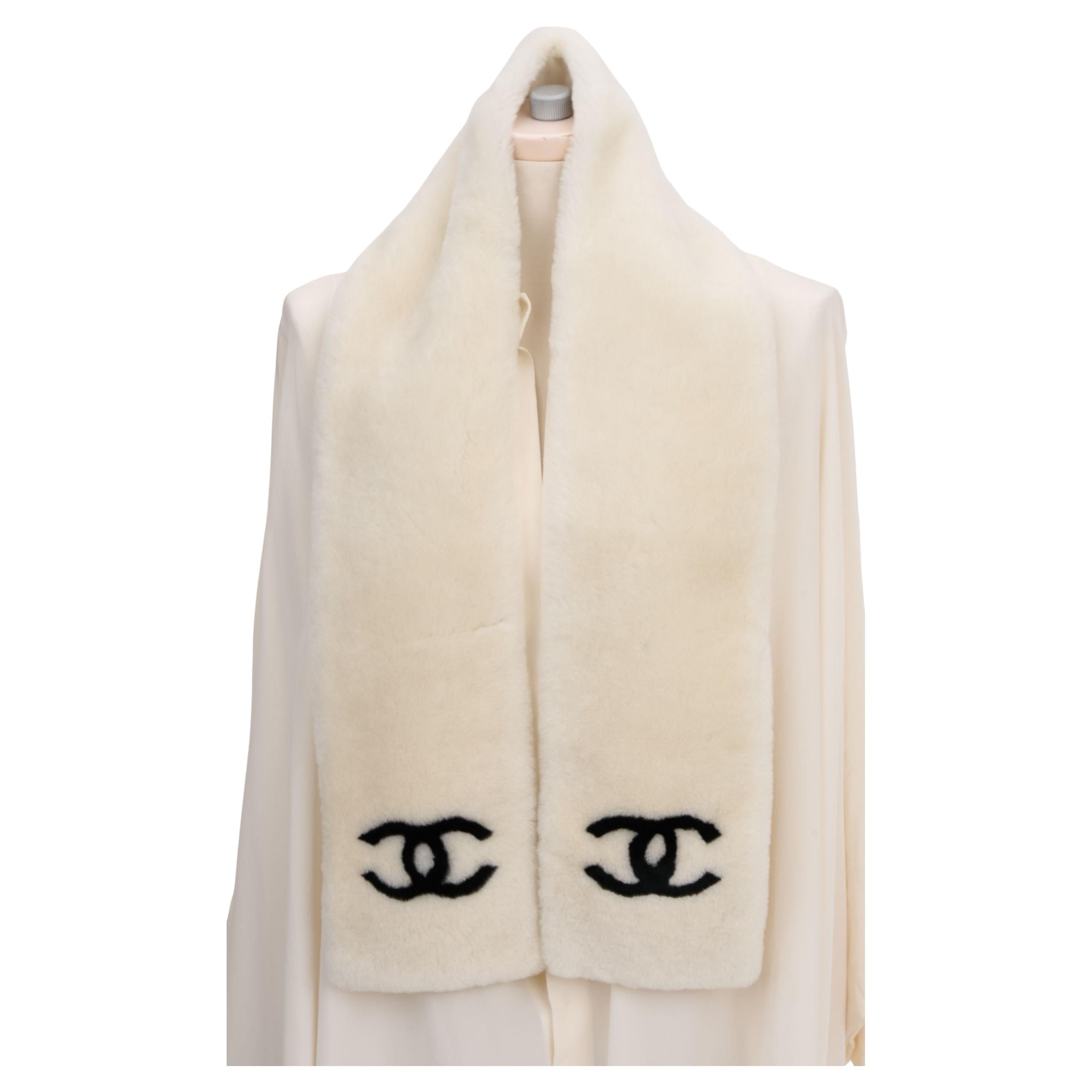 Chanel Off White Shearling Logo Scarf