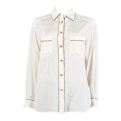 CHANEL off white silk BLACK PIPING Button Up Shirt Blouse XL