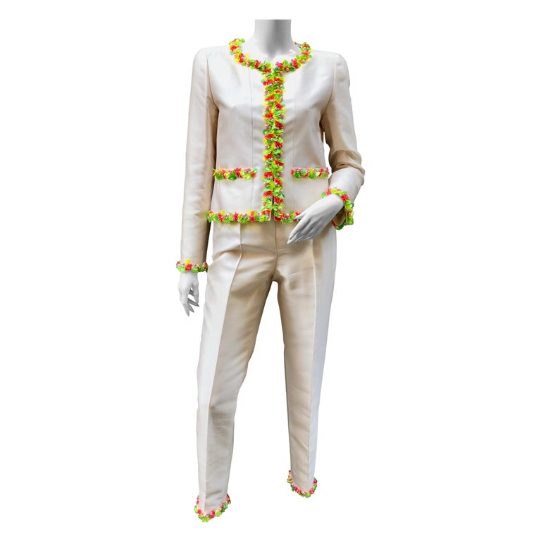 Chanel Off-White Silk Pant Suit Embroidered with Multicolored Beads