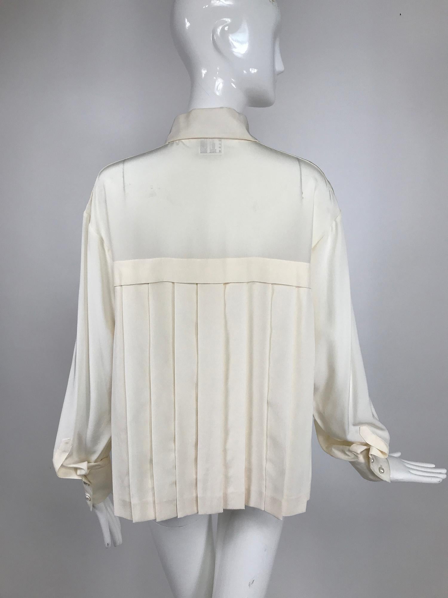 Gray Chanel Off White Silk Pleated Long Sleeve Blouse For Sale
