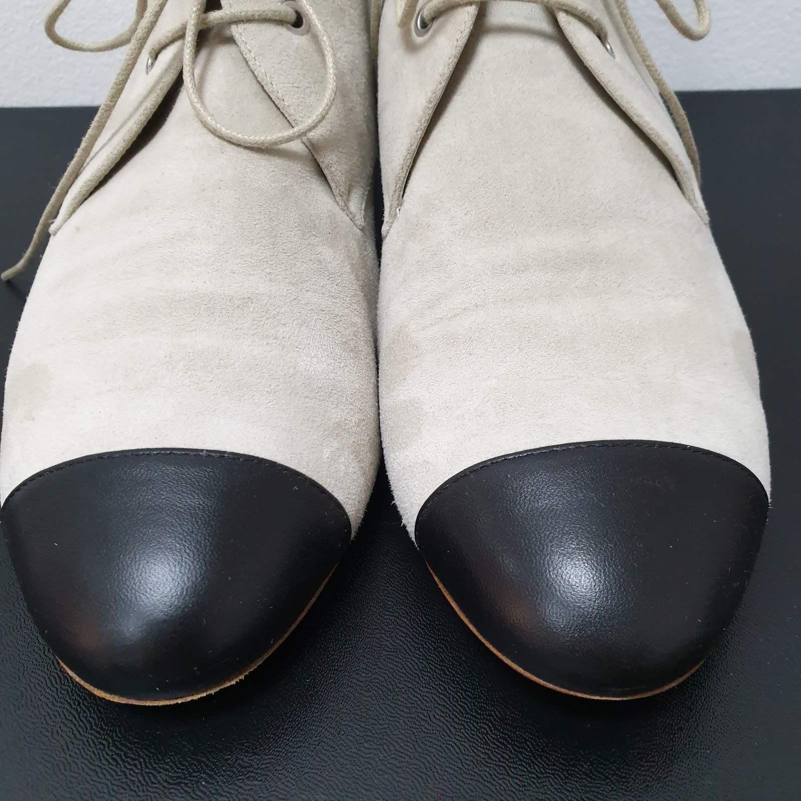 Women's CHANEL Off-white Suede Black Cap-toe Ankle Lace Up Booties For Sale