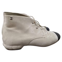 CHANEL Off-white Suede Black Cap-toe Ankle Lace Up Booties Sz.39