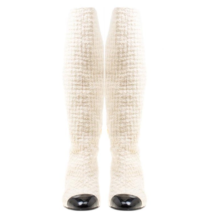 Chanel Off White Tweed Cutout Cap Toe Knee High Boots Size 37.5 For ...