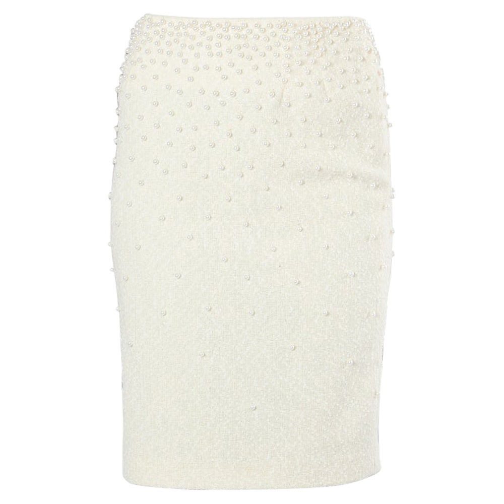 CHANEL - Jupe fourreau en laine mélangée PEARL EMBELLISHED - Blanc cassé - 38 S en vente