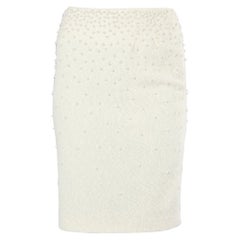 CHANEL Gonna a tubino in misto lana bianco sporco impreziosita da perle 38 S. White