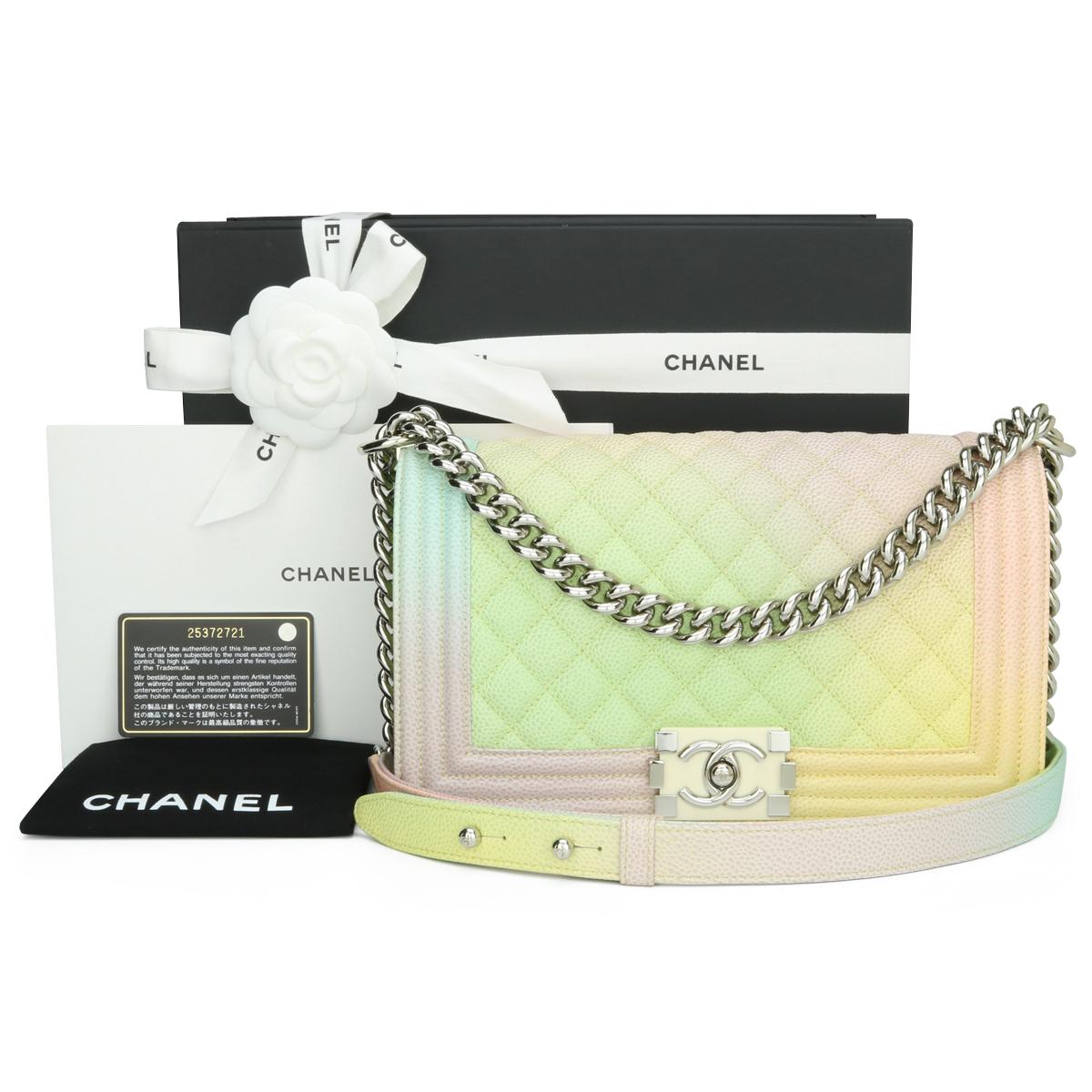 CHANEL Old Medium Boy Bag Rainbow Caviar with Shiny Silver Hardware 2018.

This stunning bag is still in excellent condition, the bag still holds its original shape, and the hardware is still very clean and shiny.

‘Charming, colourful, flirty, and