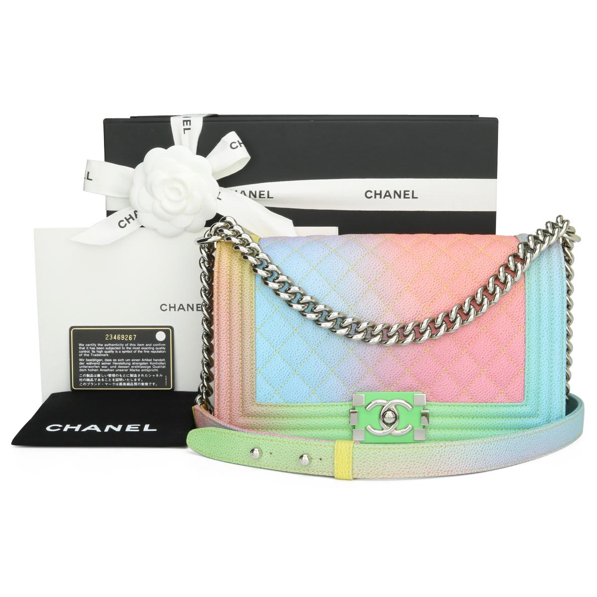 CHANEL Old Medium Boy Bag Rainbow Cuba Caviar with Shiny Silver Hardware 2017.

This stunning bag is still in excellent condition, the bag still holds its original shape, and the hardware is still very clean and shiny.

‘Charming, colourful, flirty,