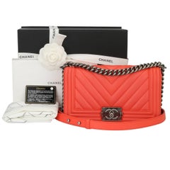 Chanel Old Medium Boy Bag Red Chevron Calfskin with Ruthenium Hardware 2016