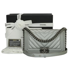 CHANEL Old Medium Chevron Boy Bag Silver Caviar with Ruthenium Hardware 2016