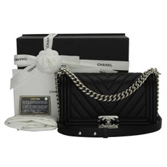 CHANEL Old Medium Chevron Boy Black Calfskin with Shiny Silver Hardware 2016