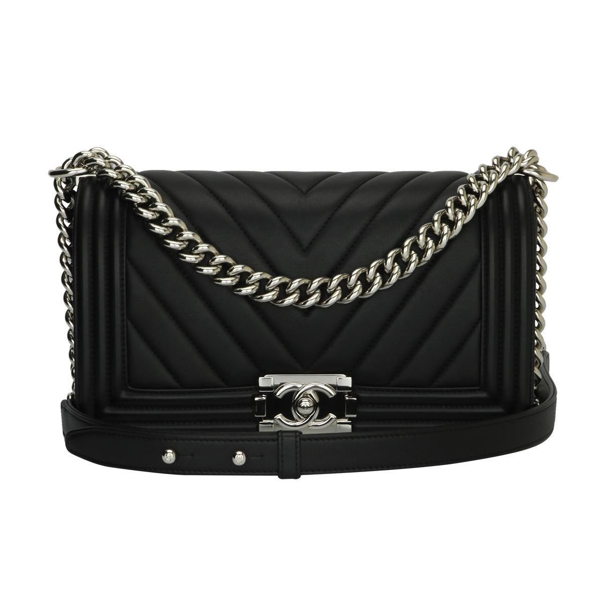 CHANEL Old Medium Chevron Boy Black Calfskin with Shiny Silver Hardware 2016