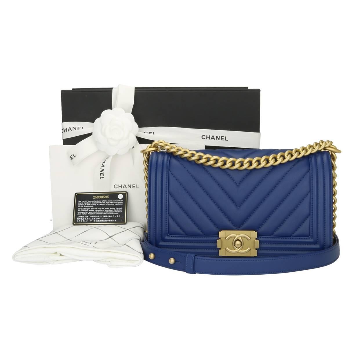  Chanel Old Medium Chevron Boy Blue Calfskin with Brushed Gold Hardware 2018 12