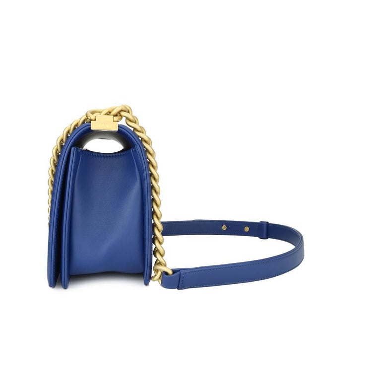 Chanel Old Medium Chevron Boy Blue Calfskin with Brushed Gold