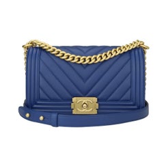  Chanel Old Medium Chevron Boy Blue Calfskin with Brushed Gold Hardware 2018