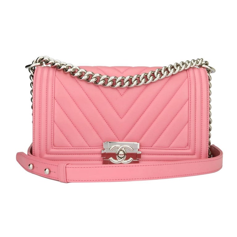 Chanel Old Medium Chevron Boy Pink Calfskin with Shiny Silver Hardware