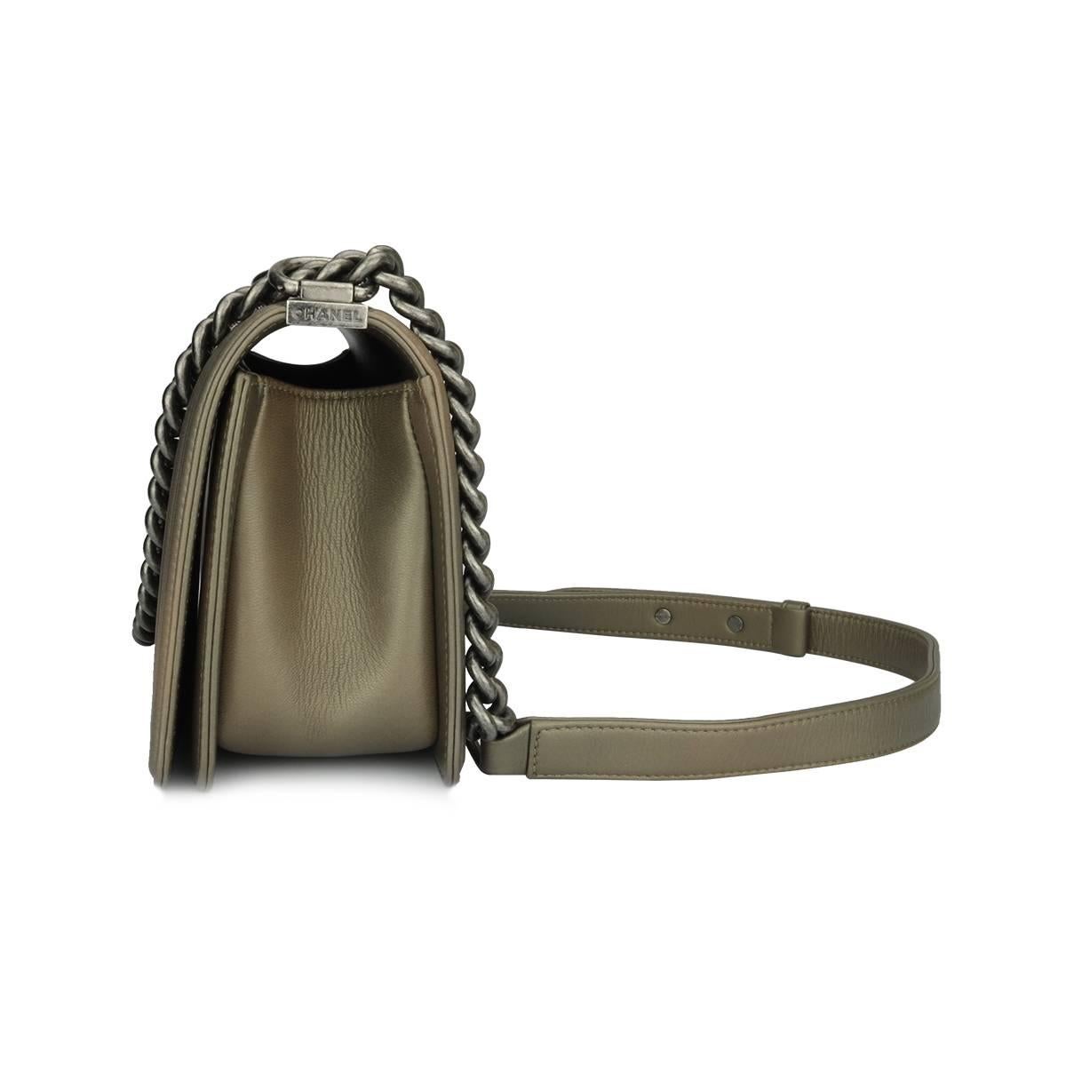 Women's or Men's Chanel Old Medium Crystal Boy Bag Metallic Bronze Goatskin Ruthenium Hardware 
