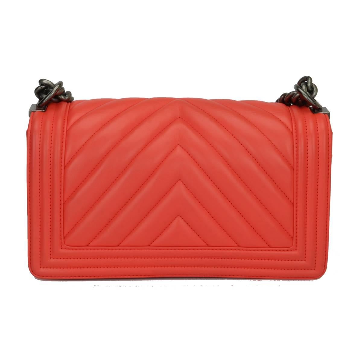 Chanel Old Medium Peachy Red Chevron LeBoy Calfskin with Ruthenium Hardware 2016 In Excellent Condition In Huddersfield, GB