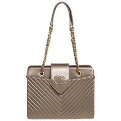 Chanel Olive Green Chevron Quilted Leather Flap Tote