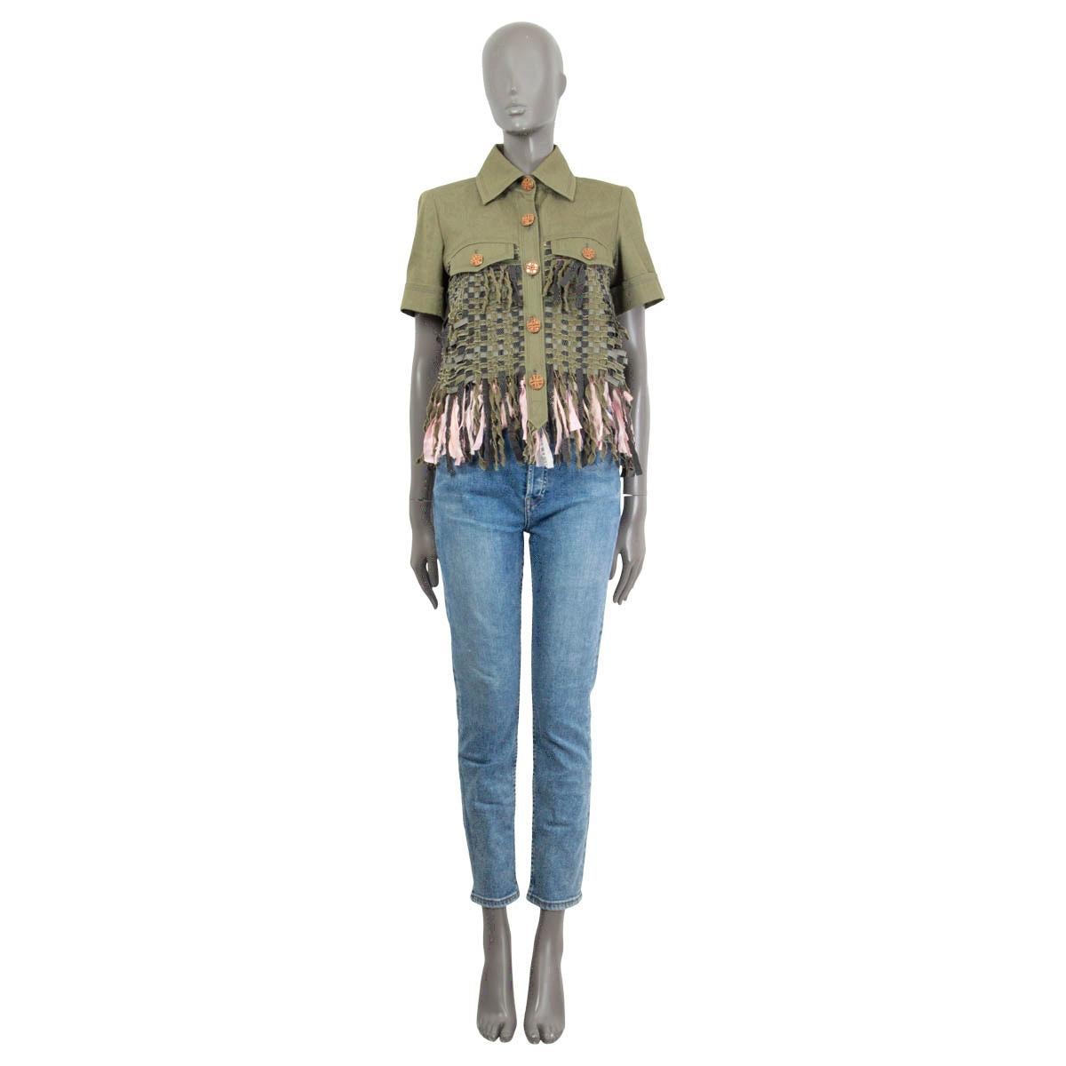 100% authentic Chanel 2017 Cuba Fringed Short Sleeve Jacket in olive green cotton (100%) with weaved khaki and sage green torso part. Embellished with rose pink silk (100%) fringes at the bottom. Jacket has two flap pockets on the chest and padded