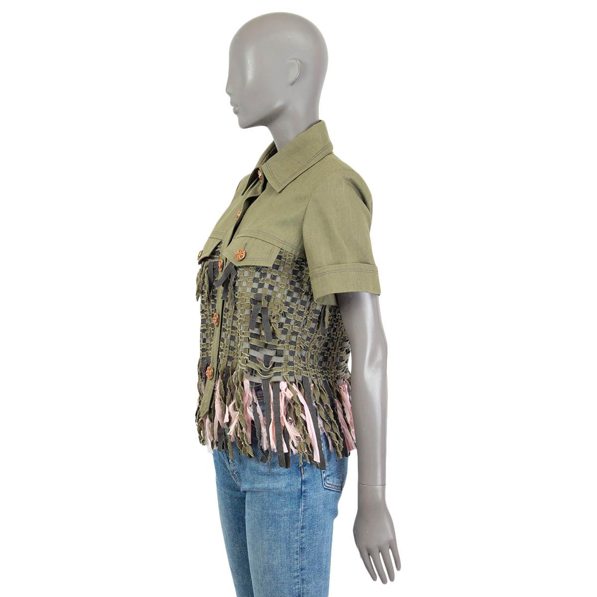 De las mujeres CHANEL algodón verde oliva 2017 CUBA FRINGE CHAQUETA MANGA CORTA 36 XS en venta