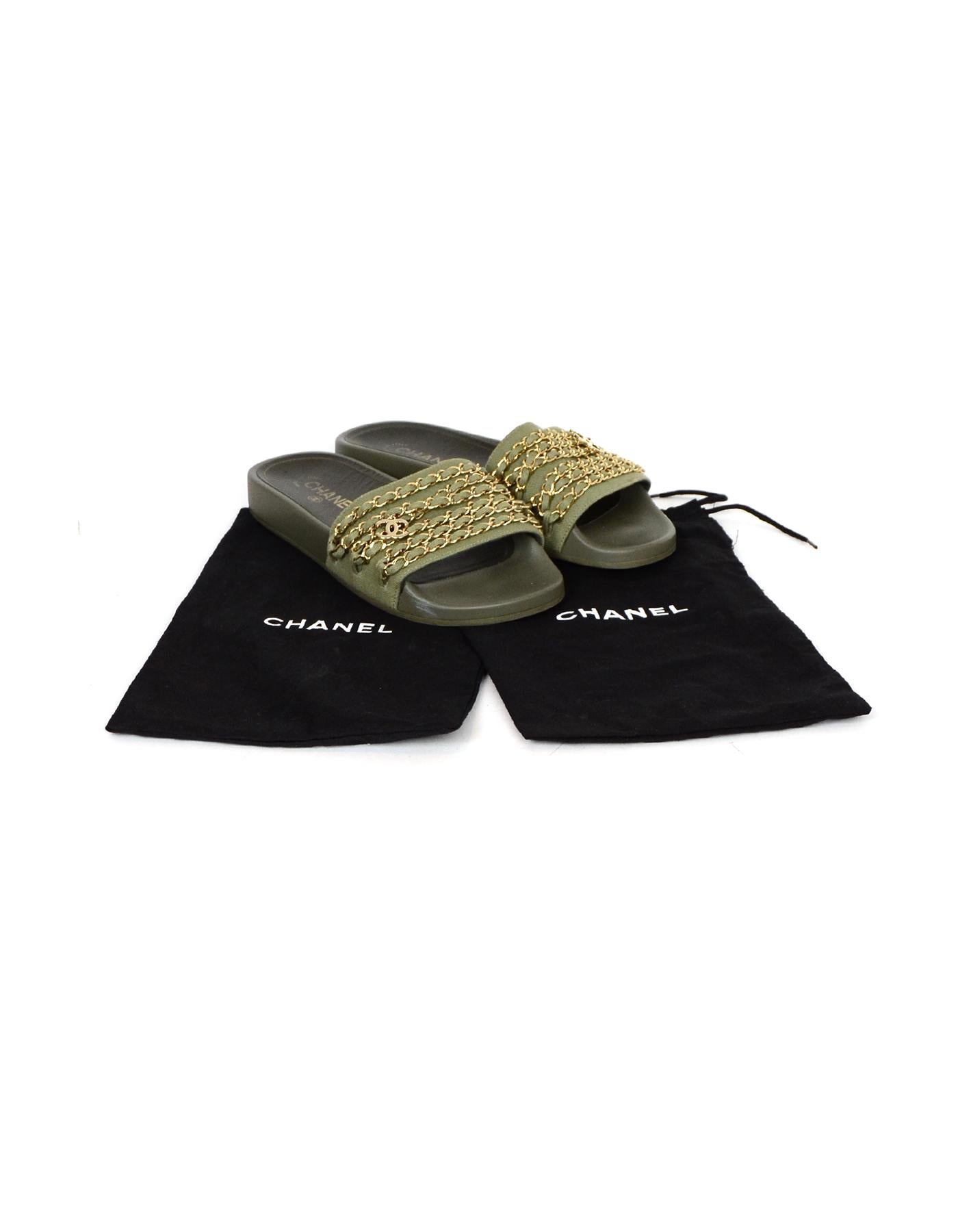Women's Chanel Olive Green/Gold Canvas Chain Slide Sandals w/ CC sz 39