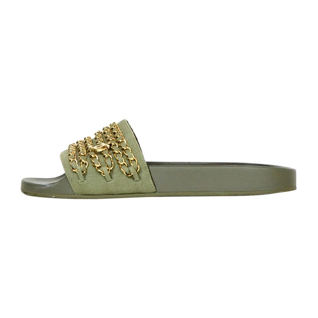 Chanel Olive Green/Gold Canvas Chain Slide Sandals w/ CC sz 39