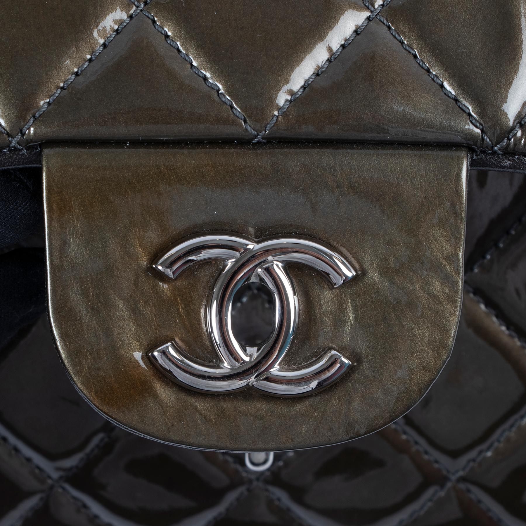 Black Chanel Olive Green Jumbo Classic Flap Patent Leather Handbag