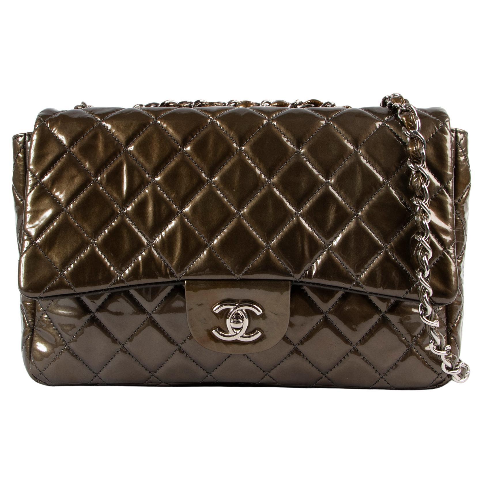 Chanel Olive Green Jumbo Classic Flap Patent Leather Handbag at