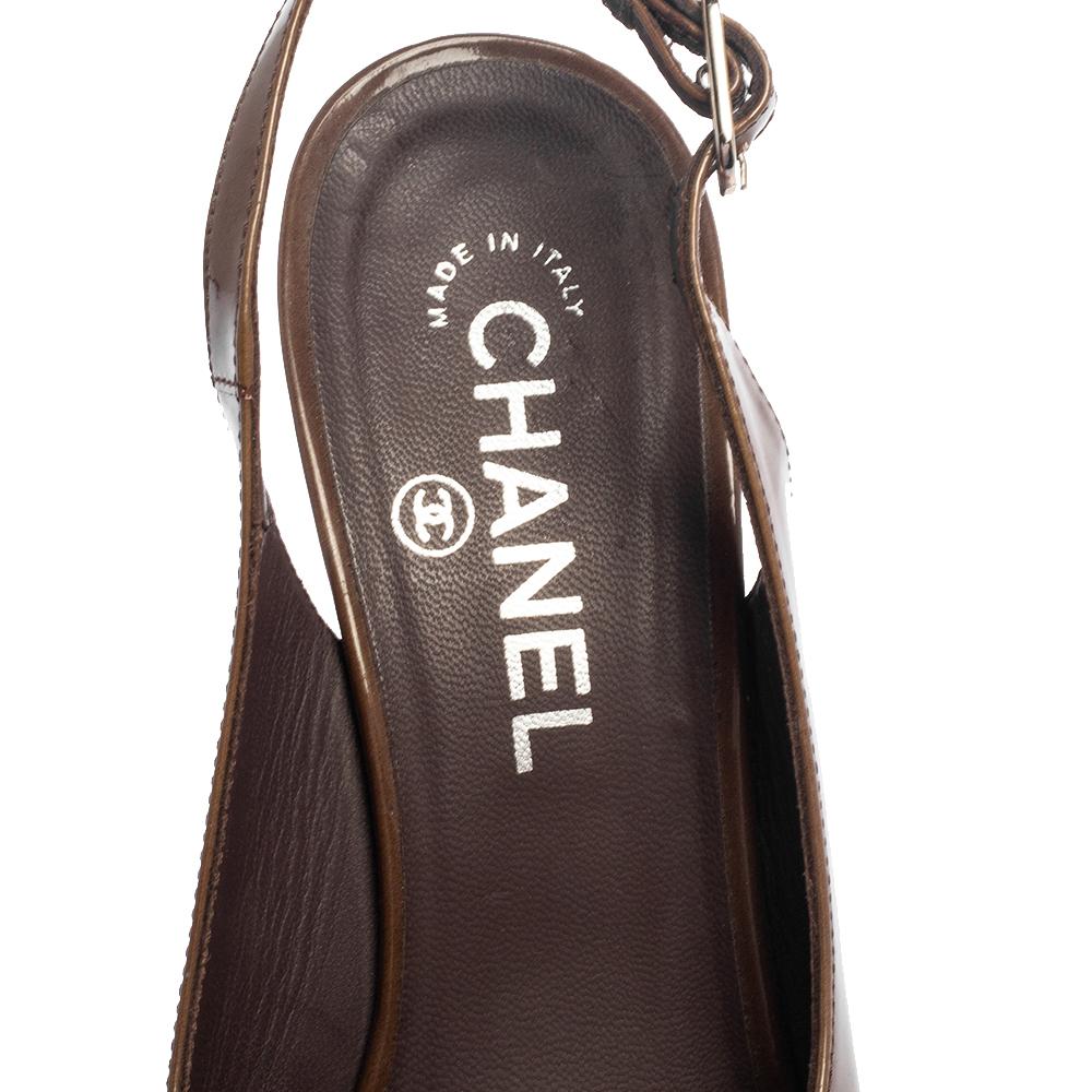 Black Chanel Olive Green Patent Leather CC Slingback Platform Sandals Size 37.5