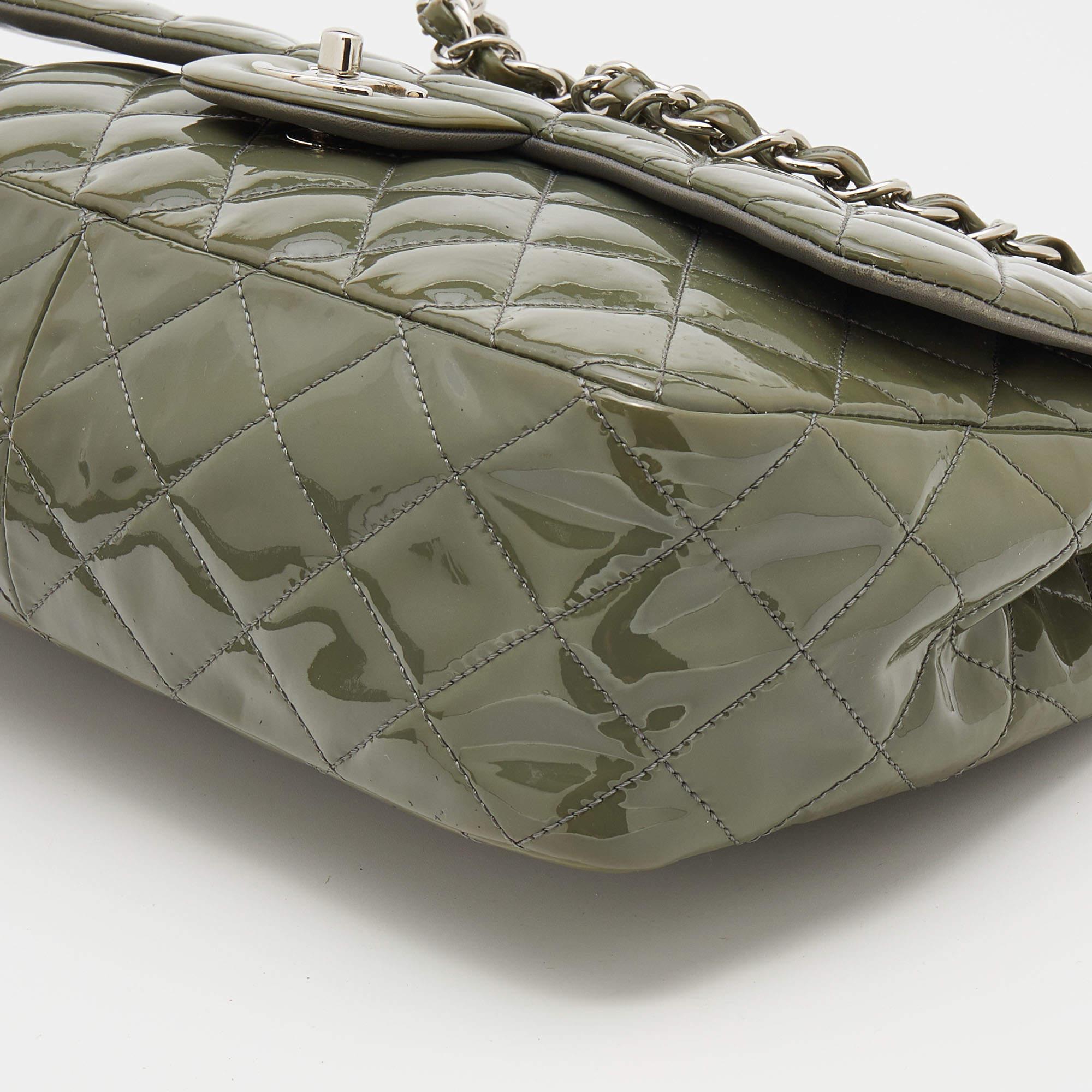 Chanel Olive Green Patent Leather Jumbo Classic Single Flap Bag 7
