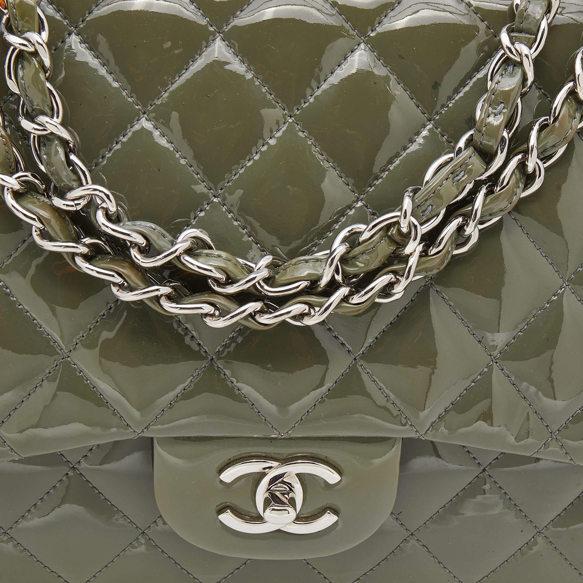 Chanel Olive Green Patent Leather Jumbo Classic Single Flap Bag 8